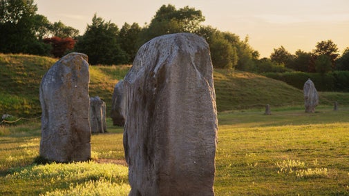 A line of standing stones on a bright summer's evening at Avebury with the henge bank and trees in the background.